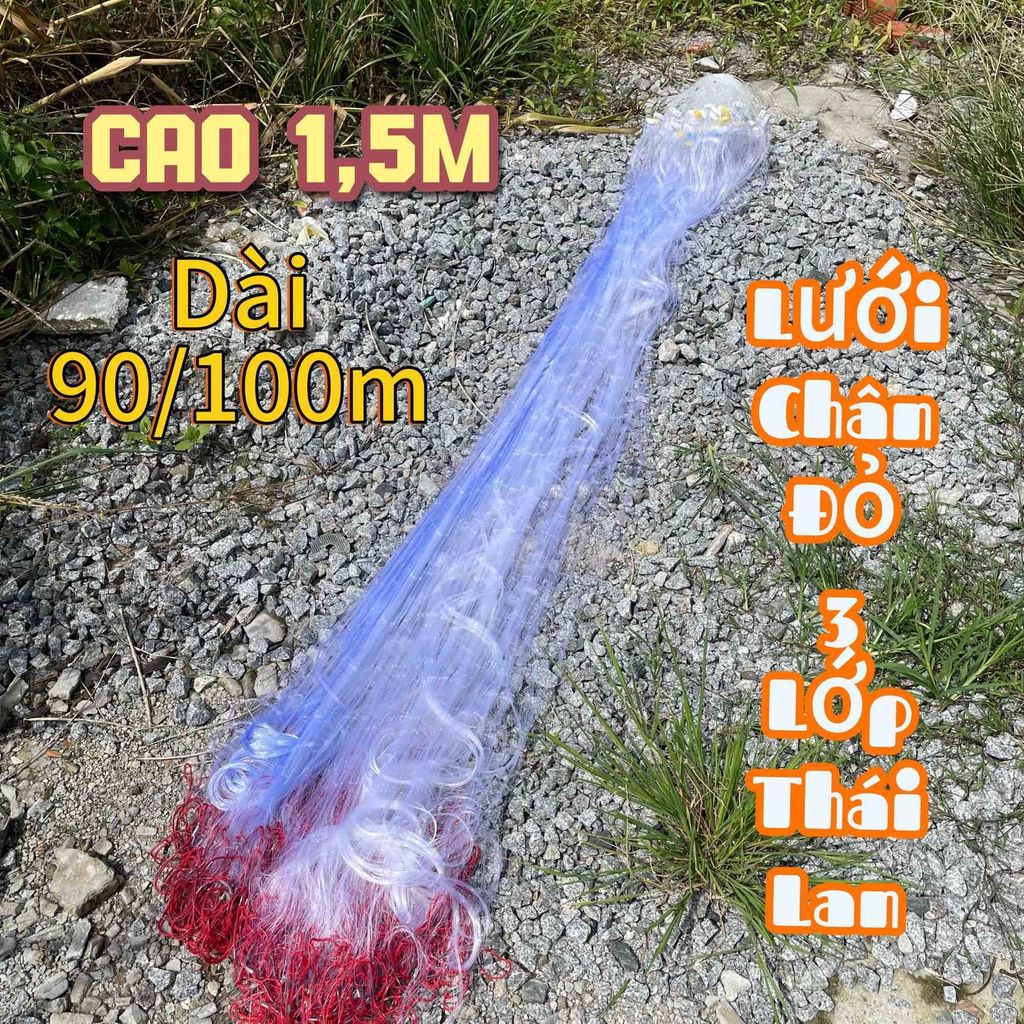 Cao 1,5m- Dài 90/100m Lưới 3 màng chì nặng, lưới đánh cá viền đỏ, lưới bắt cá Thái Lan