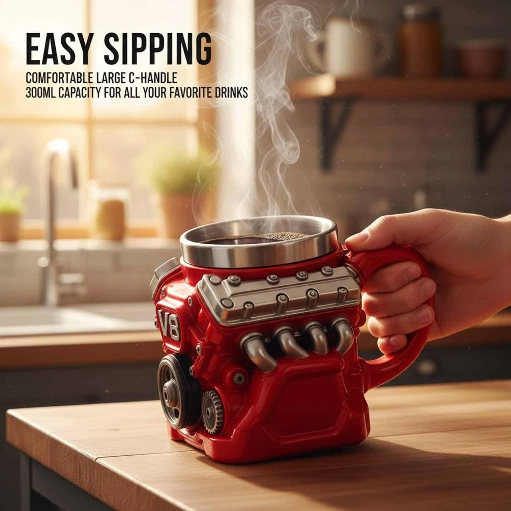 V8 Engines Stainless Steel Cup, Retro with Handle Engine Coffee Mug, 300ML Double Wall Insulation Ca