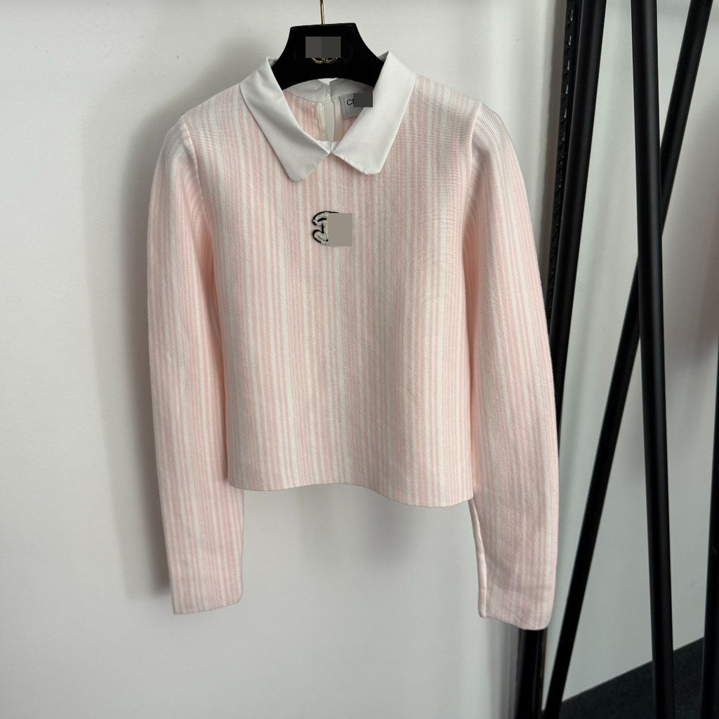 B0LB CHA# Elegant Slim Fit Dopamine Embroidered Turn-Down Collar Long Sleeve Striped Knit Top