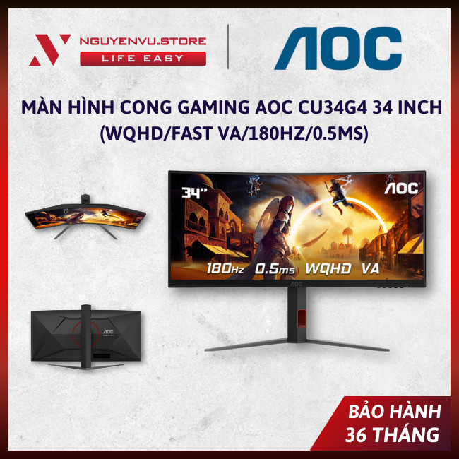 [CHÍNH HÃNG] Màn Hình Cong Gaming AOC CU34G4 34 inch (WQHD/Fast VA/180HZ/0.5ms) - [BẢO HÀNH 3 NĂM]