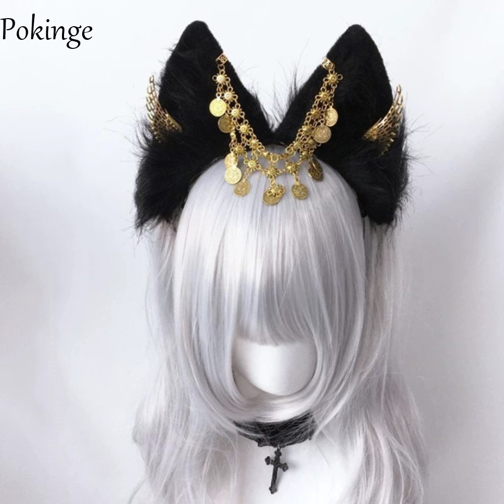 Pokinge Băng Đô Cosplay Anubis Thêu Đôi Cánh Vàng, Phong Cách Goth Ai Cập, Dây Đeo Tai Động Vật