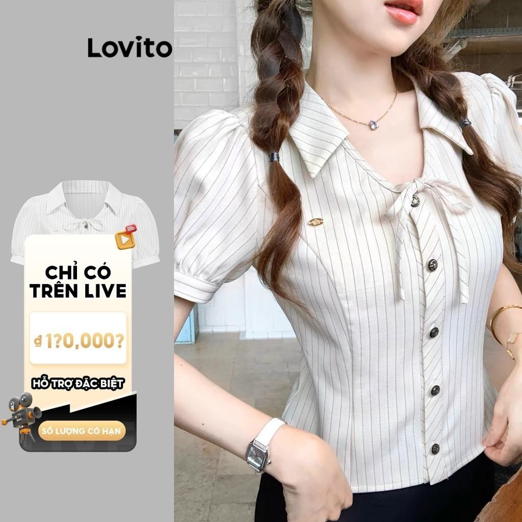 (LIVE STREAM SALE) Lovito - Áo Sơ Mi Kim Loại Cài Nút Sọc Dễ Thương Cho Nữ L110AD044