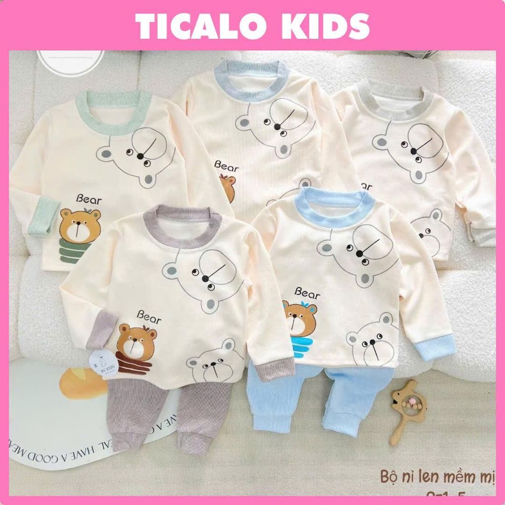 [MV KIDS ] Bộ Dài Tay Cài Vai Cổ Viền Màu- Áo Trắng - Quần Màu - Chất Nỉ Len Mềm Mịn - Ấm Áp