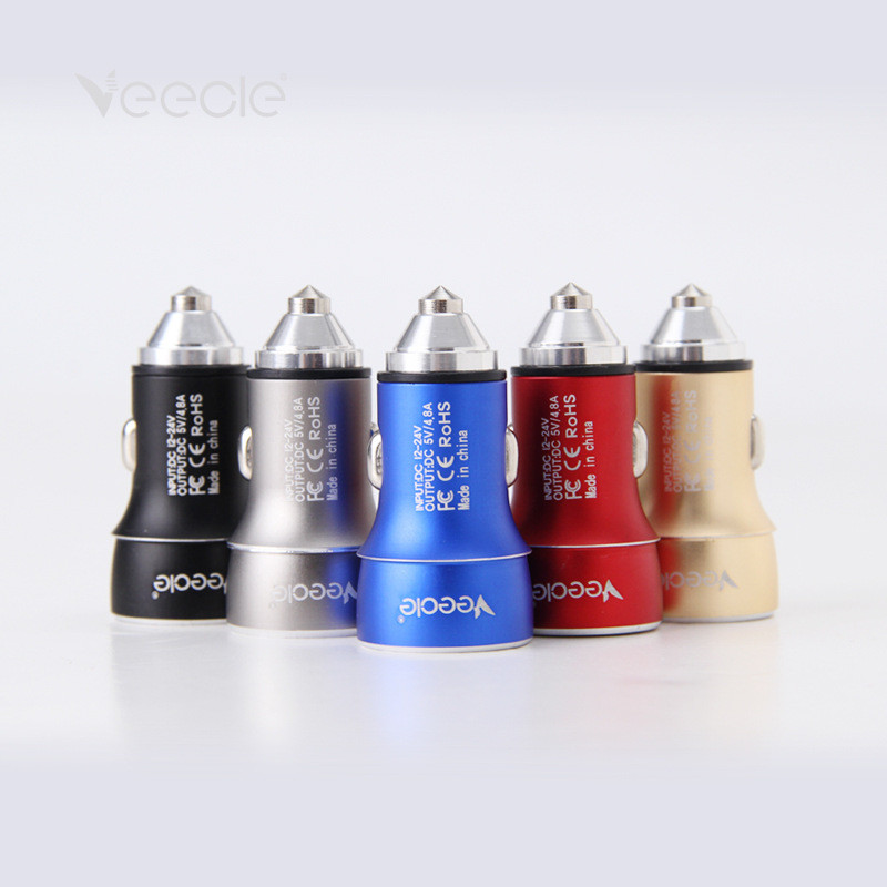 Mini Đa Năng Khẩn Cấp Kim Loại Búa An Toàn Sạc Xe Hơi Dual USB Bullet Head LED Car Charger