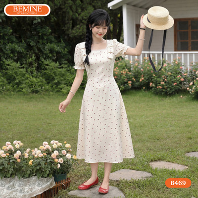 Đầm thiết kế BEMINE cổ vuông dáng chữ A họa tiết nơ phù hợp đi chơi-B469