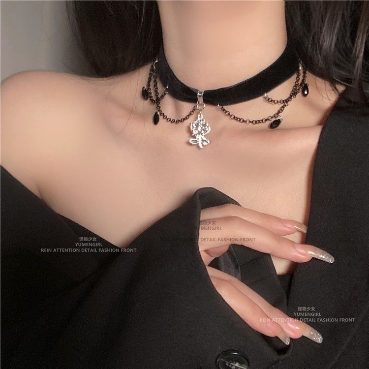 Dark Series Gothic Camellia Mặt Dây Chuyền Flannel Đen Halloween Vòng Cổ Sang Trọng choker Abstinenc