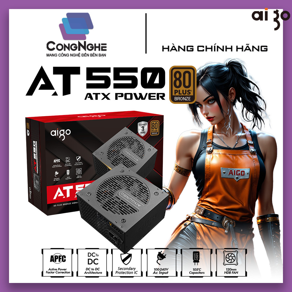 BỘ NGUỒN MÁY TÍNH AIGO MODEL AT550 CÔNG SUẤT 550W, APFC, DC TO DC 80 PLUS BZONE