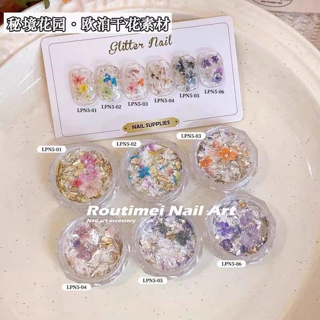 Làm Móng Tay Opal Hoa Khô Chất Liệu Bột Secret Garden Monet Cloud Thổ Cẩm Hoa Khô Kim Sa Lấp Lánh Mó