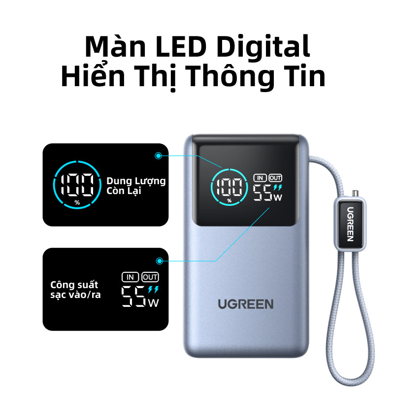 Pin Dự Phòng UGREEN Sạc PB72710000mAh 55W 3 Cổng Cáp Tích Hợp, đèn LED màn hình | BigBuy360 - bigbuy360.vn