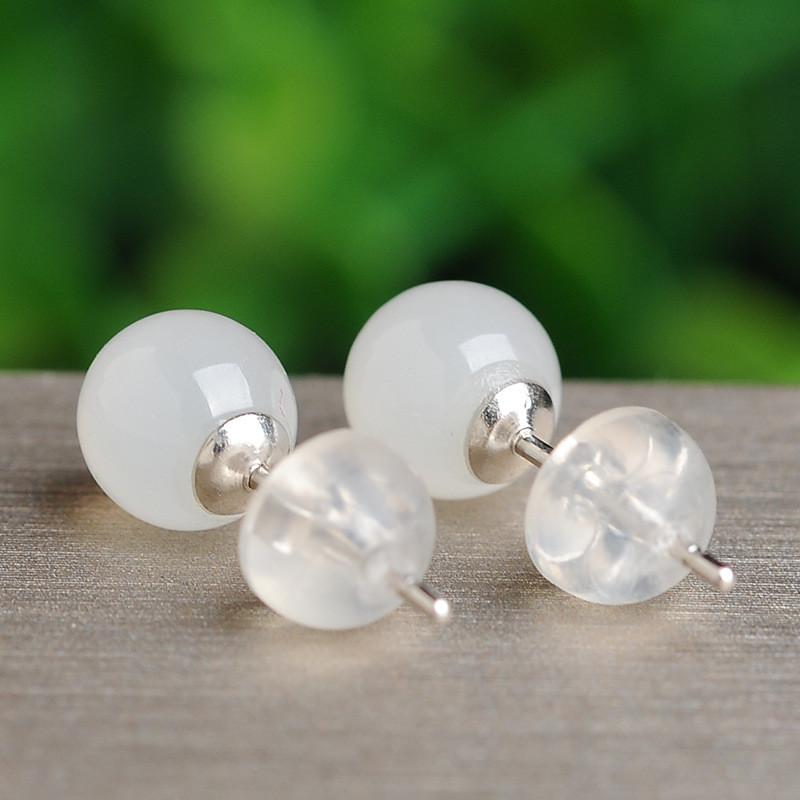 Bạc 925 Ngọc Ngọc Tân Cương Hetian Trắng Ngọc Bông Tai Hetian Ngọc Thời Trang Nữ Bông Tai Ngọc Bông 