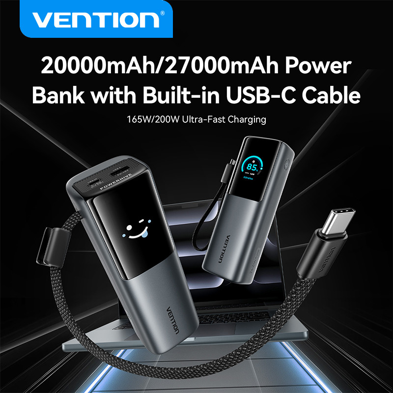 Vention Powerbank 20000 Tích Hợp Cáp USB C 5A 165W Sạc Nhanh TFT Màn Hình Hiển Thị Kỹ Thuật Số Dây D