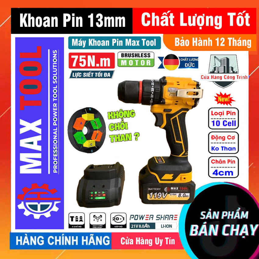 Thân Máy Khoan Pin 13mm Max Tool  Gen1 G1-F88 Motor Không Chổi Than – Lực Siết 100Nm