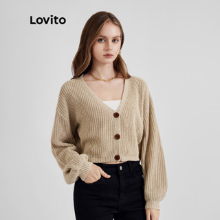  Lovito Áo len Cardigan thông thường Áo len dài tay màu trơn Áo len dệt kim cho nữ L21LT091  Kaki   Trắng  