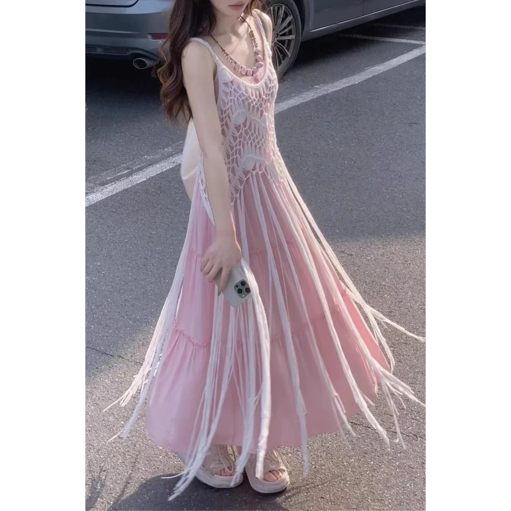 Bohemian Rỗng Bện Chảy Lớp Áo Vest Áo Sling Đầm Nữ