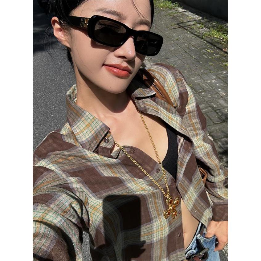 2025Early Spring New American Style Retro Plaid Color-Block Sunscreen Shirt for Women Loose Casual V