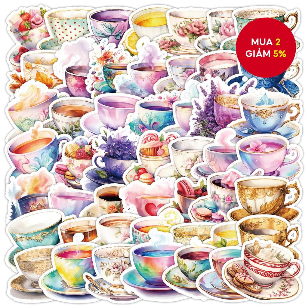 50 miếng dán Graffiti dòng Watercolor teacup Series cho vali, ốp điện thoại, laptop, mũ bảo hiểm, vá