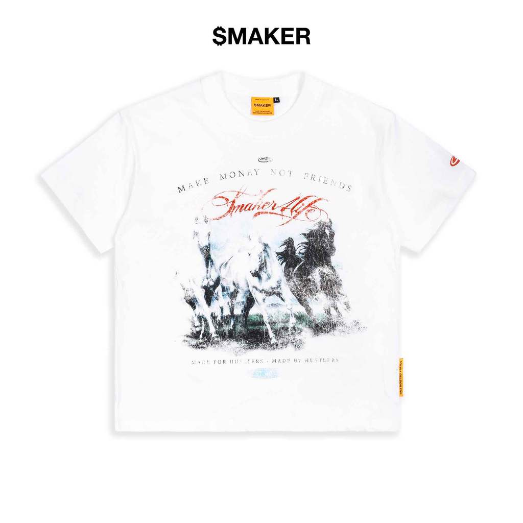 [SMAKER] Áo thun trắng unisex 100% cotton in hình con ngựa - $4L HORSES TEE