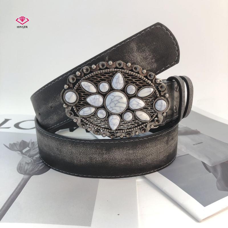 HWETR Vintage Đá Trắng Bule Thắt Lưng Khắc Hoa Thắt Lưng Da Nổi Boho Thắt Lưng Phương Tây Quần Jean 