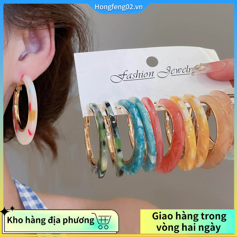 Bông Tai Da Báo Hình Vòng Tròn Nhựa Màu Sắc Rực Rỡ, Style Boho