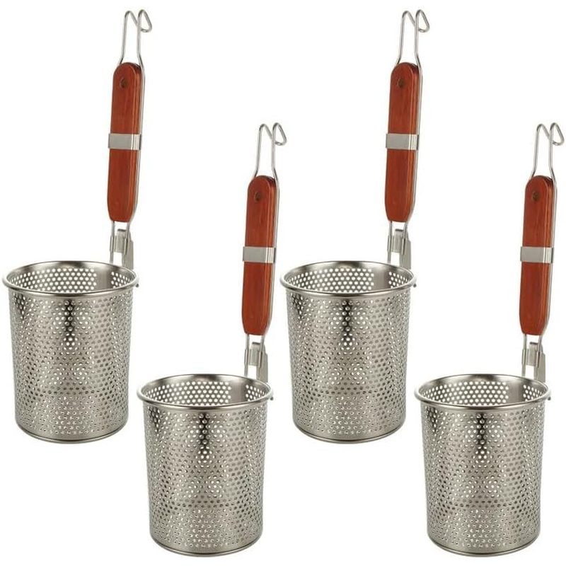 4 Pcs Stainless Steel Pasta Basket with Wooden Handle, 4.8" Dia Fine Mesh Pasta Strainer Basket, Noo