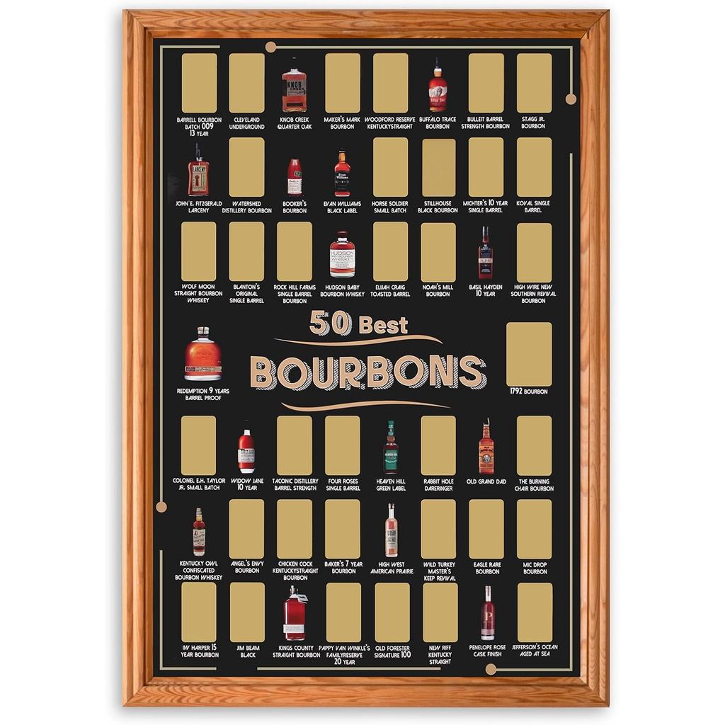 EIHFHIE Bourbon Bucket List Scratch Off Poster, Top 50 Bourbons List, Quà tặng cho người yêu rượu wh