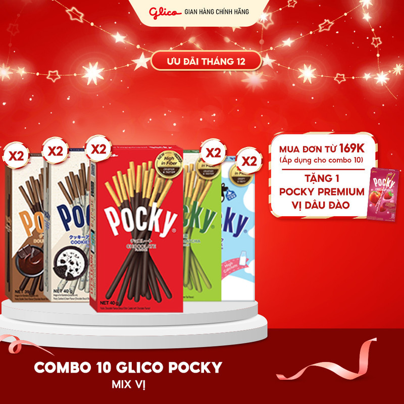  Combo 10 hộp Bánh que Glico Pocky nhiều vị  2 Matcha - 2 Cookies & Cream - 2 Socola - 2 Double Choco - 2 Sữa  