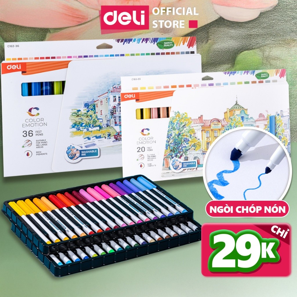 Bút Lông Màu Felt Pen Deli - 20/36 Màu Pastel Basic Ngòi Chóp Rửa Được Tô Vẽ Calligraphy Fiber Pen
