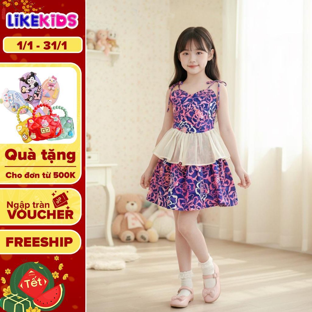 Đầm công chúa, váy bé gái kiểu dáng hai dây phối organza E44 - LikeKids