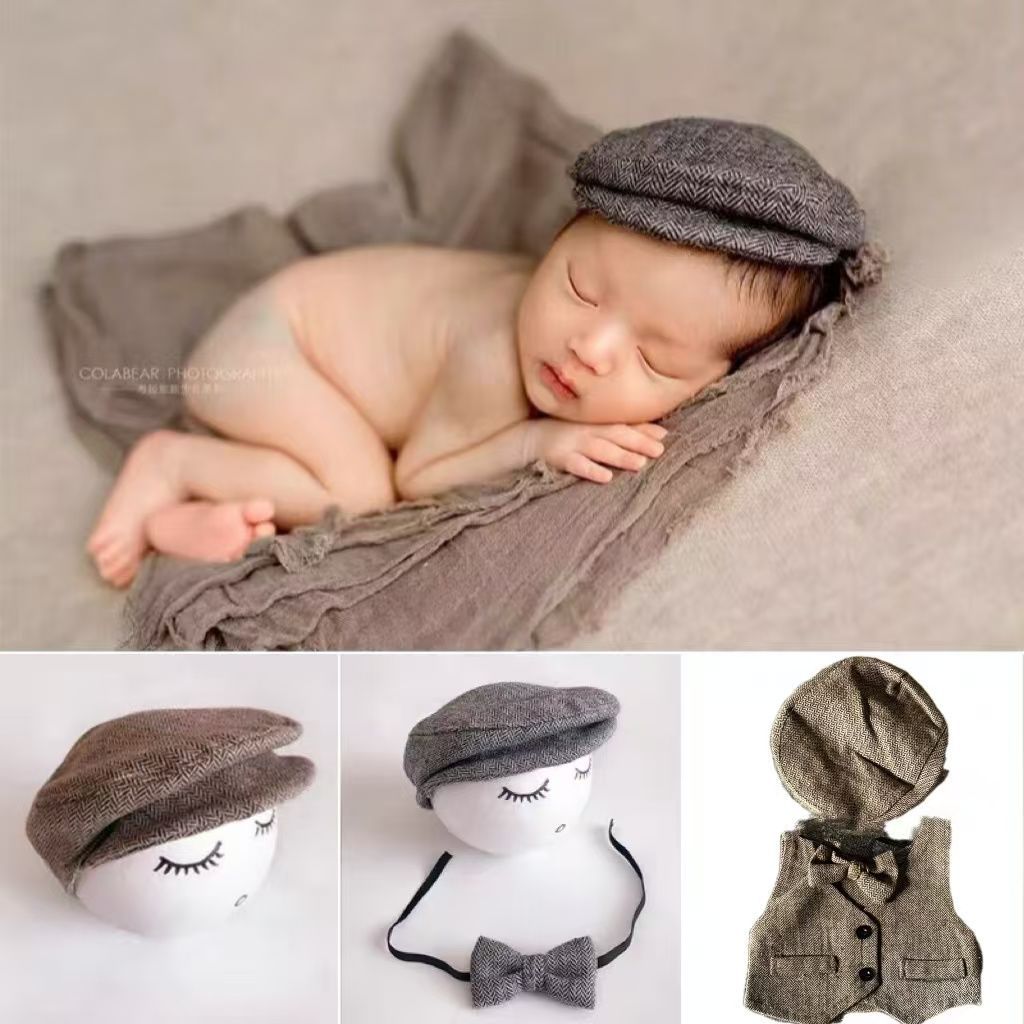 New Product#Children's Newborn Photography Costume Props Hat Baby Photo Gentleman Duckbill Cap Bow T