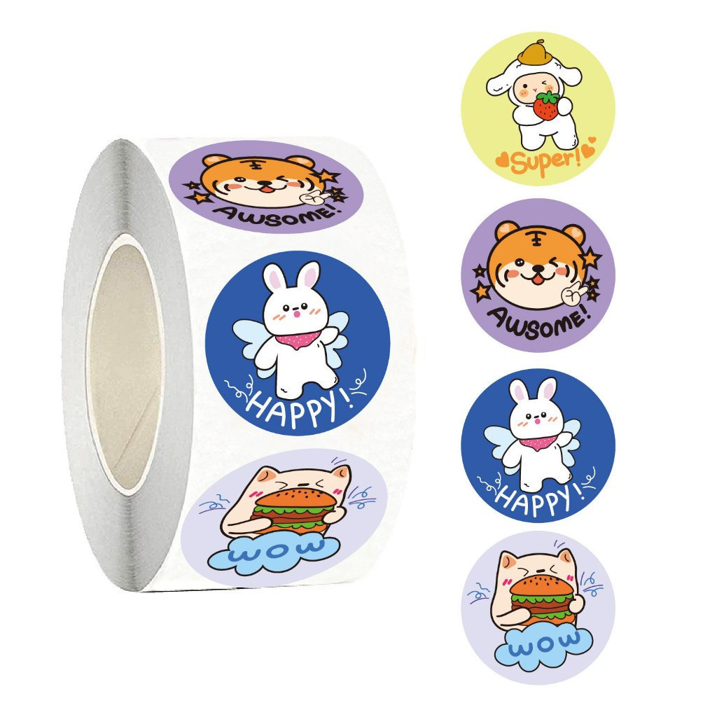 Roll of 200 Round Stickers 3.8cm Cute Animal Shapes (Tiger, Rabbit, Cat) - Decorative Stickers for N