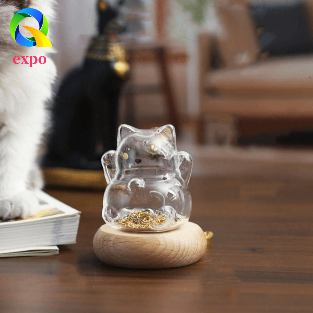 EXPO LIMIT Cat Shape Saving Jar, với đế gỗ Lucky Cat Glass Coin Bank, Kính trong suốt trang trí di đ