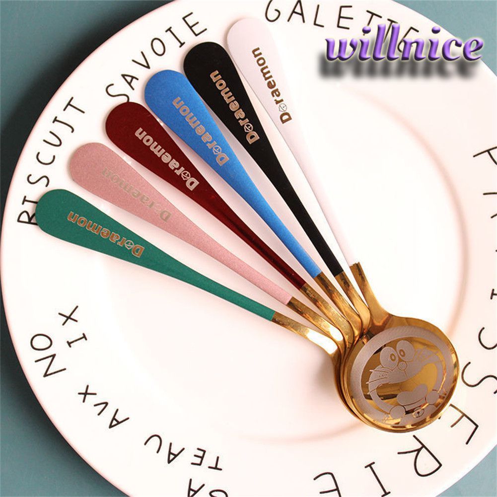 1 Muỗng Doraemon, muỗng thép không gỉ, muỗng tráng miệng hoạt hình dễ thương, muỗng đầu tròn, in hìn