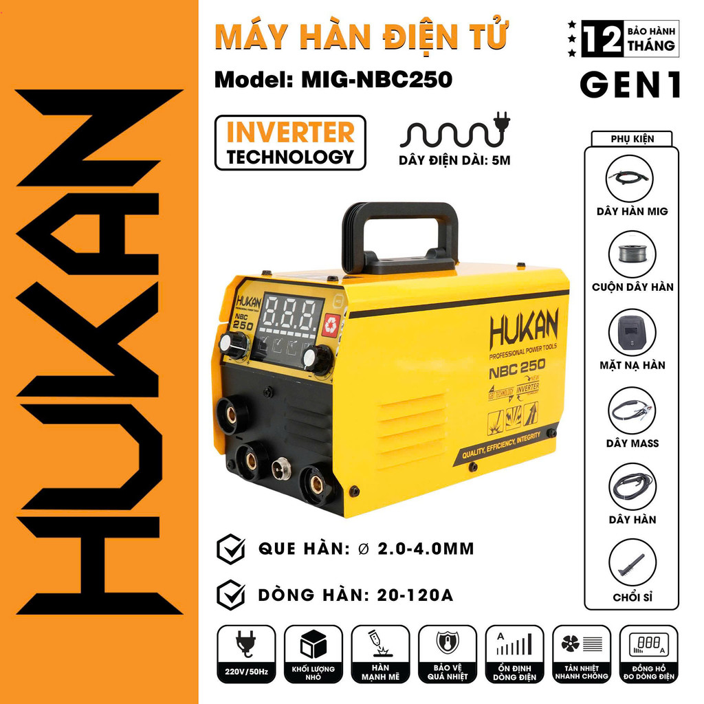 Máy hàn điện tử mig HUKAN MIG-NBC250 hàn que 2.0mm - 4.0mm, Dòng hàn 20-120a -