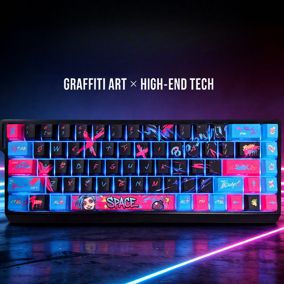 Keycap PBT Jinx Themed In Hoa Nhiệt Thăng Hoa Khắc Hông Xuyên Sáng Cho Bàn Phím Cơ