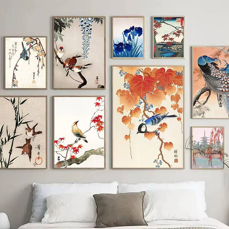 Phong Cách Vintage Chim Nhật Bản Con Công Fujiyama Áp Phích Và In Hình Tranh Canvas Retro Treo Tường