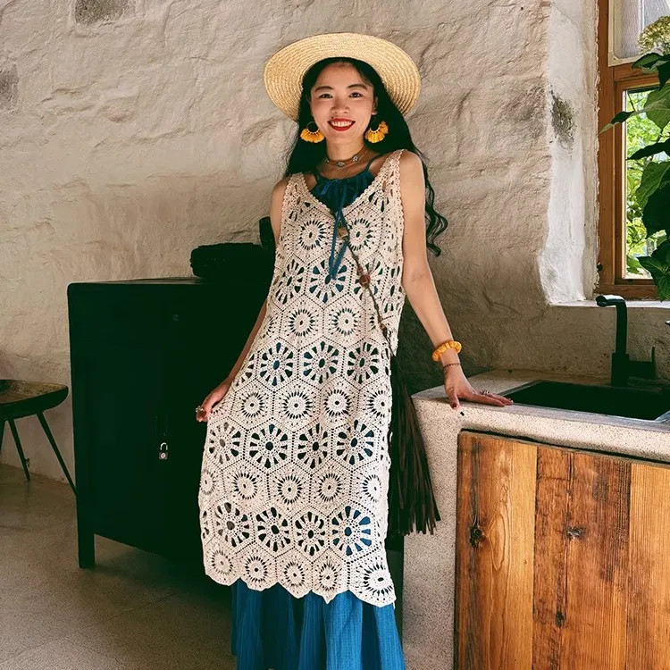 Đầm Vest dài lớp màu trắng Bohemian rỗng