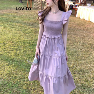 Đầm Lovito màu trơn vải sọc gân thắt nơ sau lưng phong cách lãng mạn cho nữ LNL38063 (Tím)