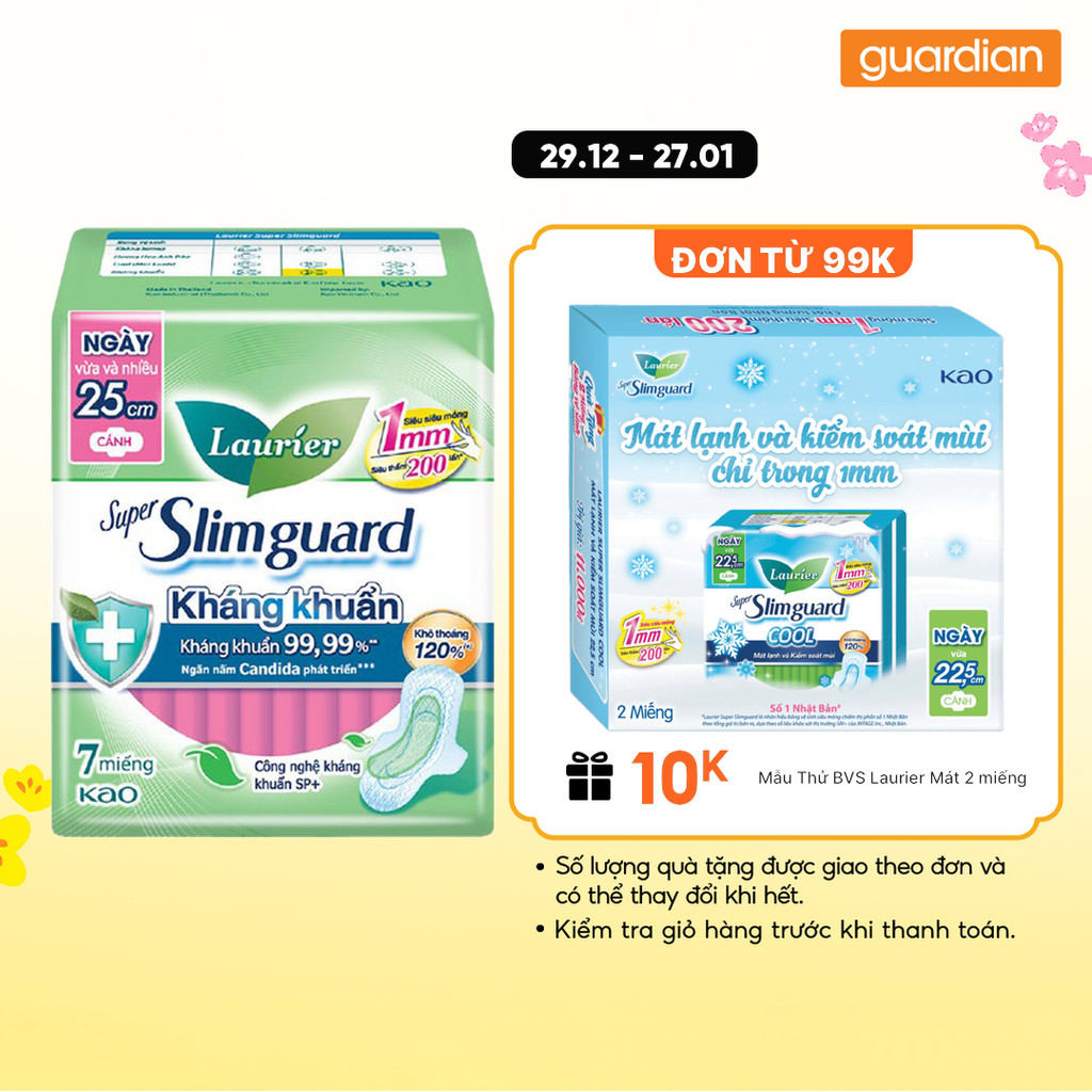 Băng Vệ Sinh Sạch Khuẩn Siêu Mỏng Cánh 25Cm Super Slimguard Laurier 7 Miếng