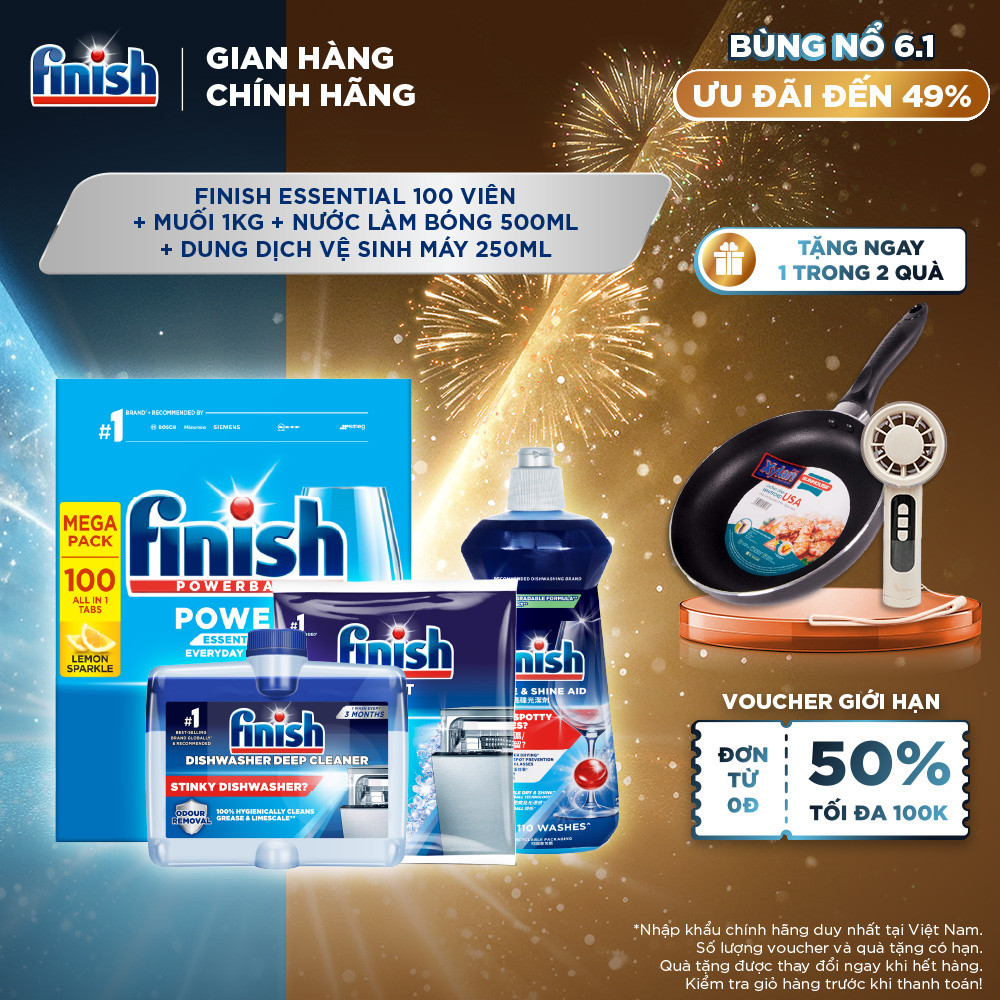  Combo Finish toàn diện 2: Hộp 100 Viên Rửa Bát Essential + Nước Làm Bóng 500ml + Muối Rửa ChénSalt túi 1kg + DDVS máy 