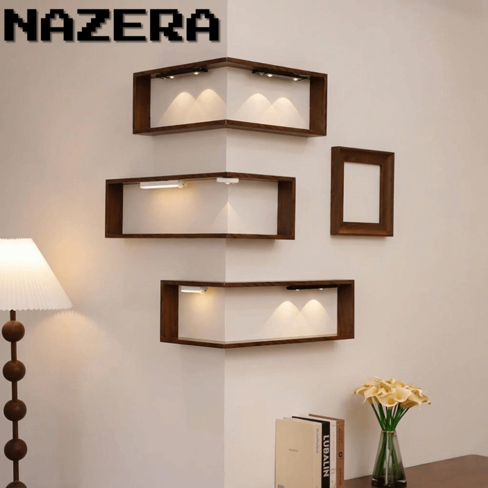 Kệ sách góc NAZERA, Kệ treo tường góc treo 90 độ, Kệ nổi tiết kiệm không gian Kệ trưng bày bằng gỗ t