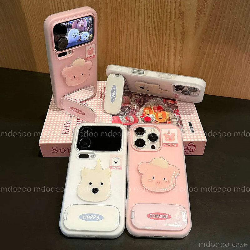 3D Cute Porcine Puppy Mirror Stand Cellphone ốp lưng For OPPO Reno 8T A3 Pro F23 A98 A96 A80 A78 A76