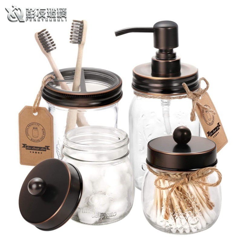 Nhà sản xuất Cung cấp Mason Jar Lọ thủy tinh Phòng tắm bằng đồng Bộ bốn mảnh Bông vàng Swab Jar Maso