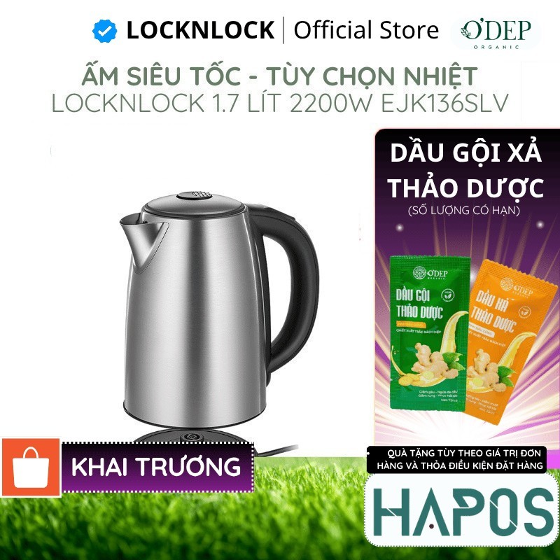 Ấm đun siêu tốc LocknLock 1.7L 2200W tùy chọn nhiệt độ sôi, giữ ấm pha sữa EJK136SLV - Chính Hãng - 