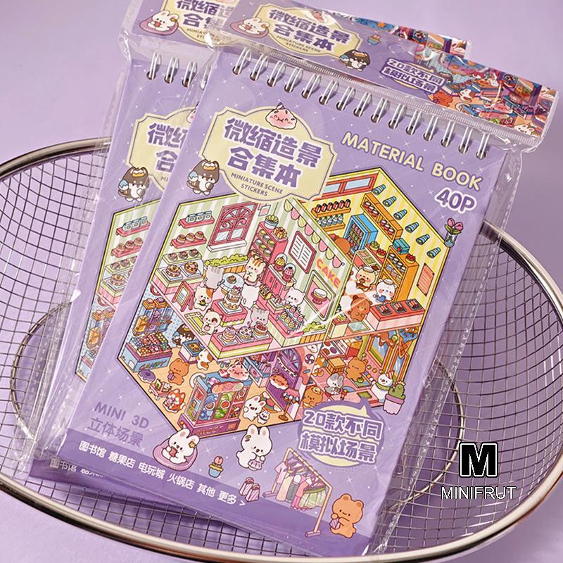 MINIFRUT] 40 Cái 3D Diorama Sticker Book Quiet Book Crafts With Miniature House Scenes 3D Visual Sce