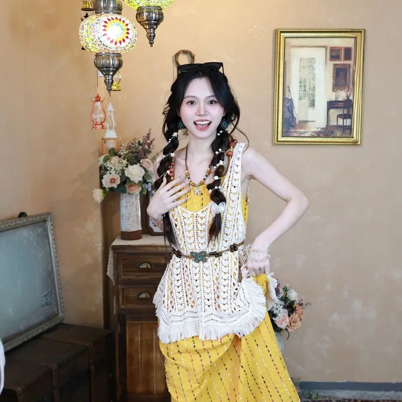 Váy dài Bohemian Suspender Váy đính cườm chảy