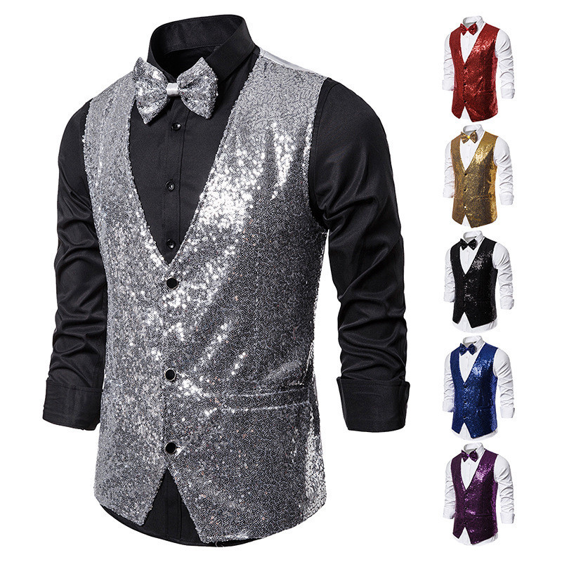 Nam Sân Khấu Trang Phục Nhỏ Đính Kim Sa Lấp Lánh Vest Ảnh Studio Ảnh Chủ Nhà Ca Sĩ Lễ Vest