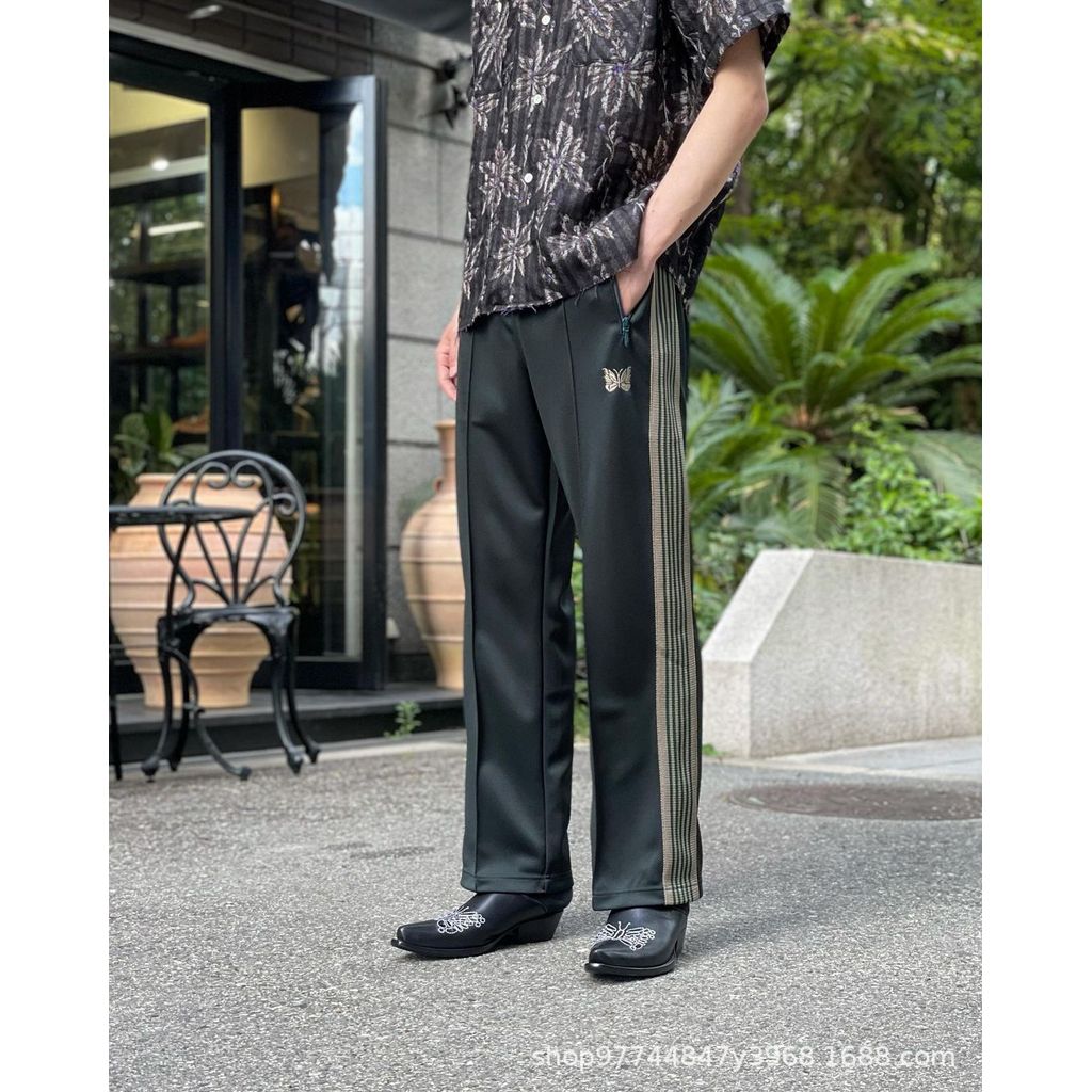 IATY Needles Street-style retro webbing school uniform pants, dark blue unisex straight-leg solid co