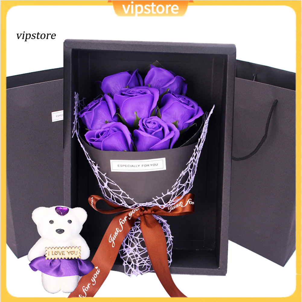 (VIP) 1 Bouquet Artificial Soap Rose Flower Bear Mothers Day Birthday Wedding
