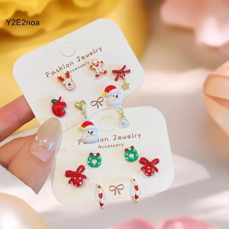 Y2E2noa 3 Cặp Hoạt Hình Dễ Thương Bông Tai Giáng Sinh Bộ Kawaii Ông Già Noel Chuông Nai Sừng Tấm Lễ 