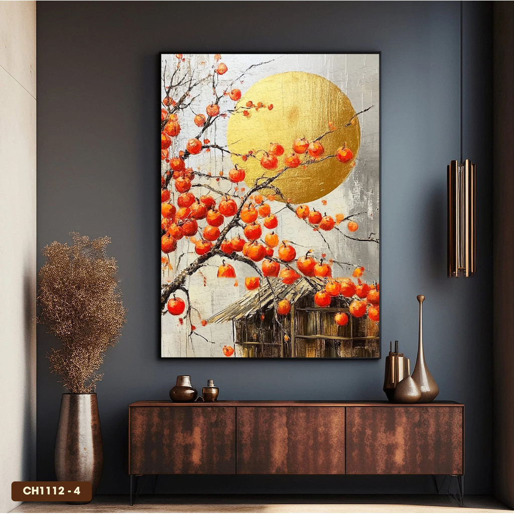 Tranh Canvas Treo Tường Quả Hồng May Mắn Và Mặt Trời Vàng – Tranh Canvas Phong Cảnh Phòng Khách Sang